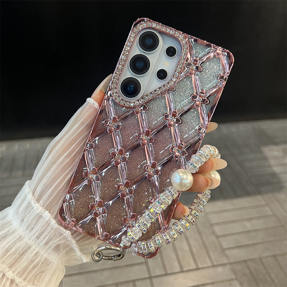 Luxury Plating Case - Luxuriöse Handyhülle mit Blumen-Glitzer-Strass-Armband für Samsung